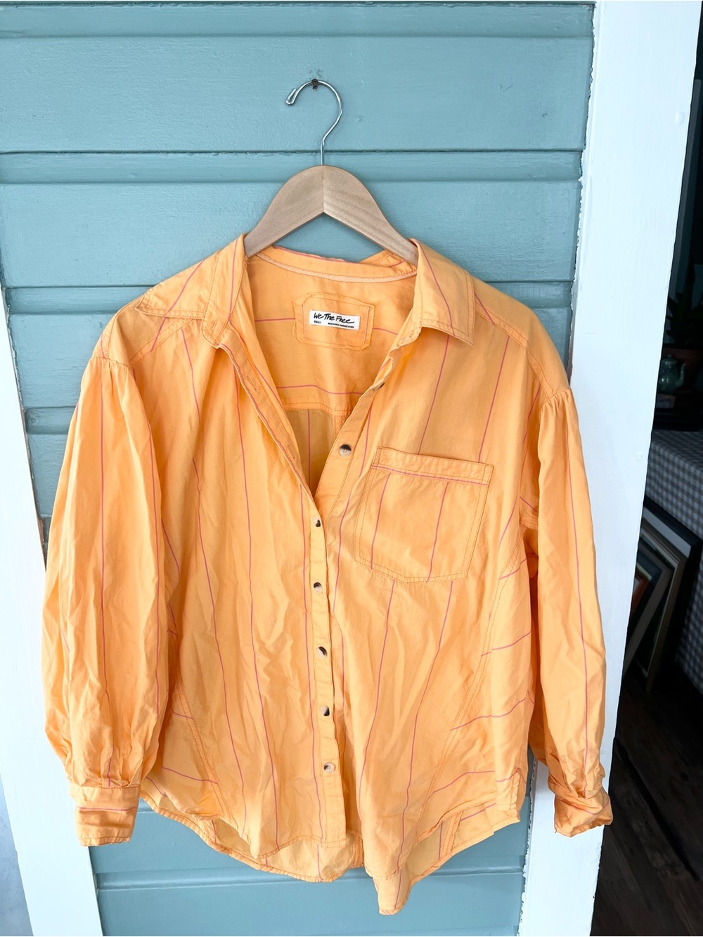 Free people happy hour orange button down blouse oversized 100% cotton sz small